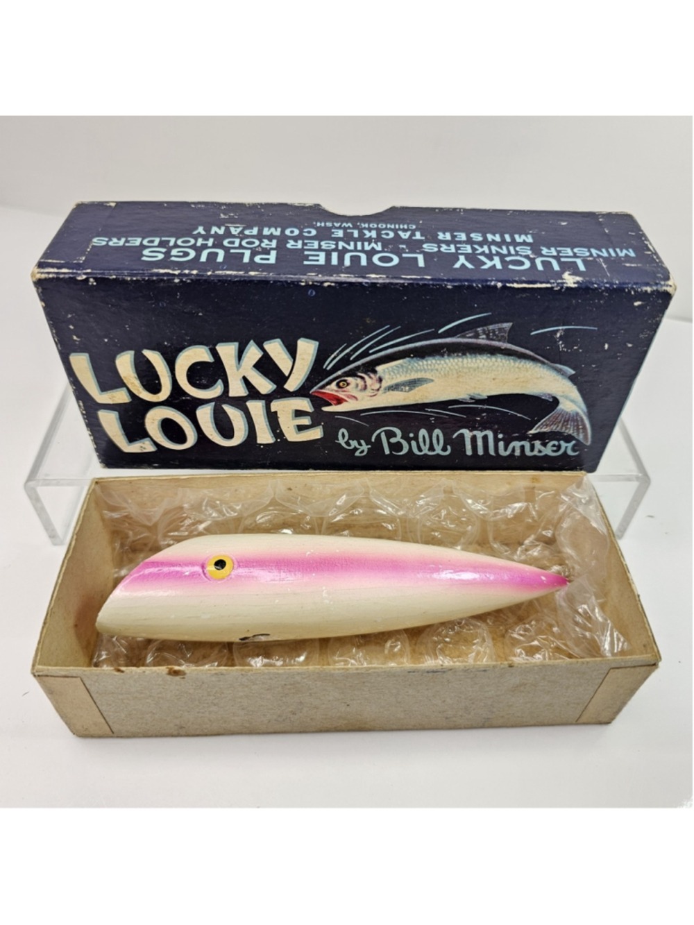 Vintage Lucky Louie Bill Minser Pearl Pink Wooden Fishing Plug Lure w/ Box